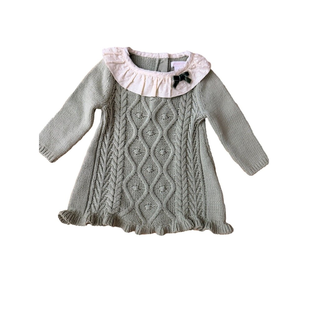 Shabby Chic Baby Girl Sweater Dress Sage Green Cable Knit Ruffle Collar 0-3 mo